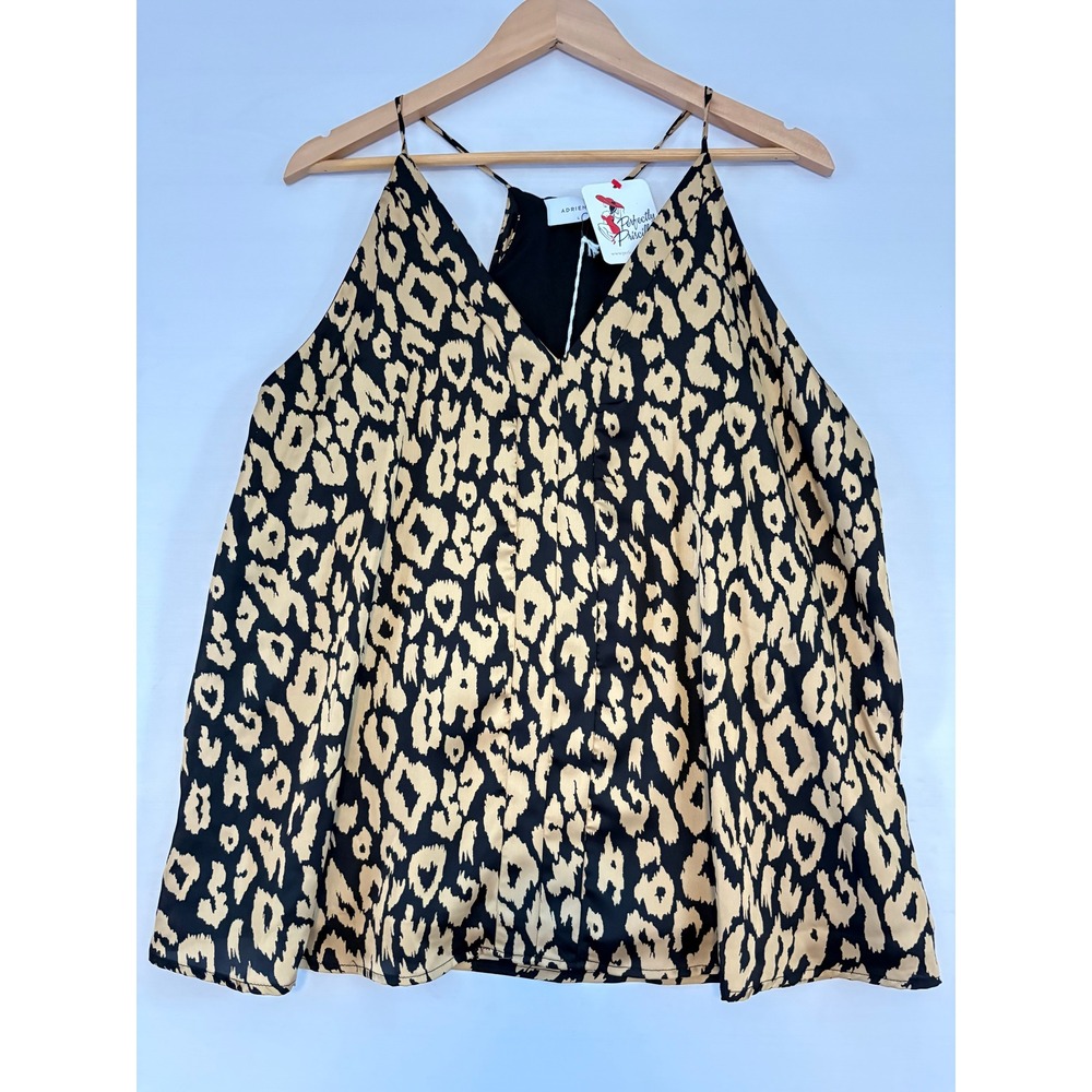 Adrienne Womens Leopard Print V-Neck Camisole Tank Top Tan Black Large NWT